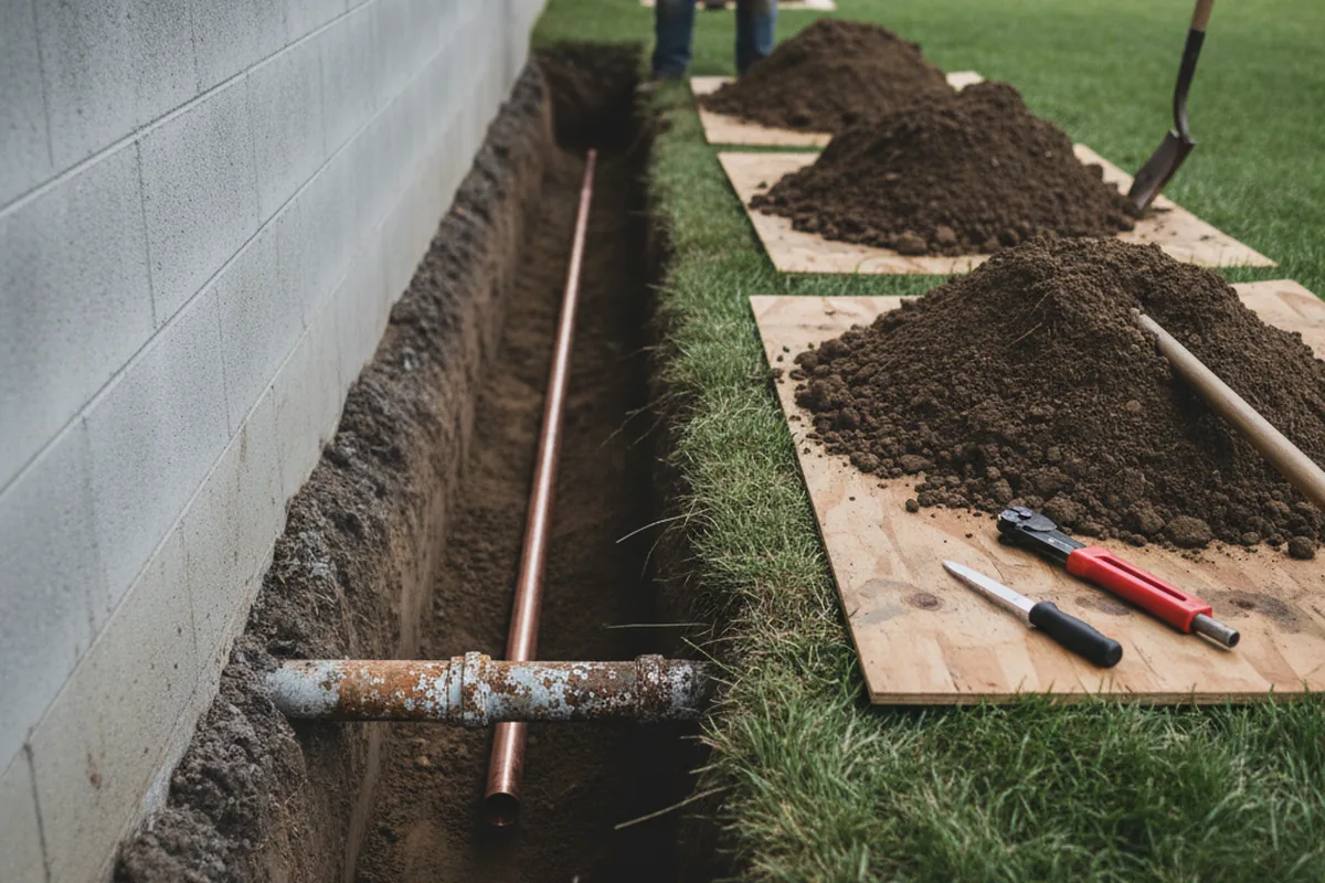 Excavated water line trench during Sewer Line Repair in Iva